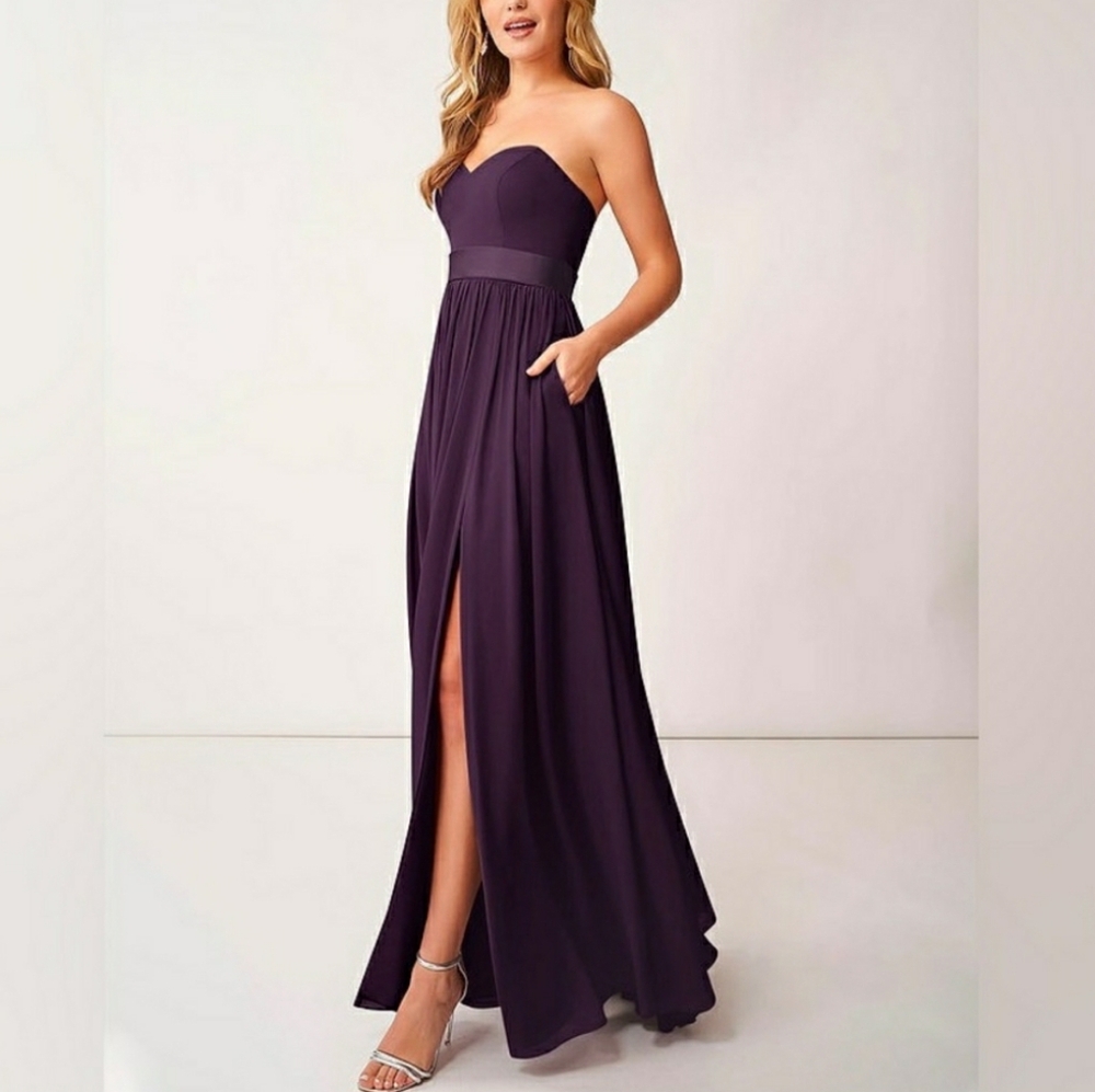 Azazie Fiona Bridesmaid strapless maxi Dress plum chiffon Plus Size 18 NWT